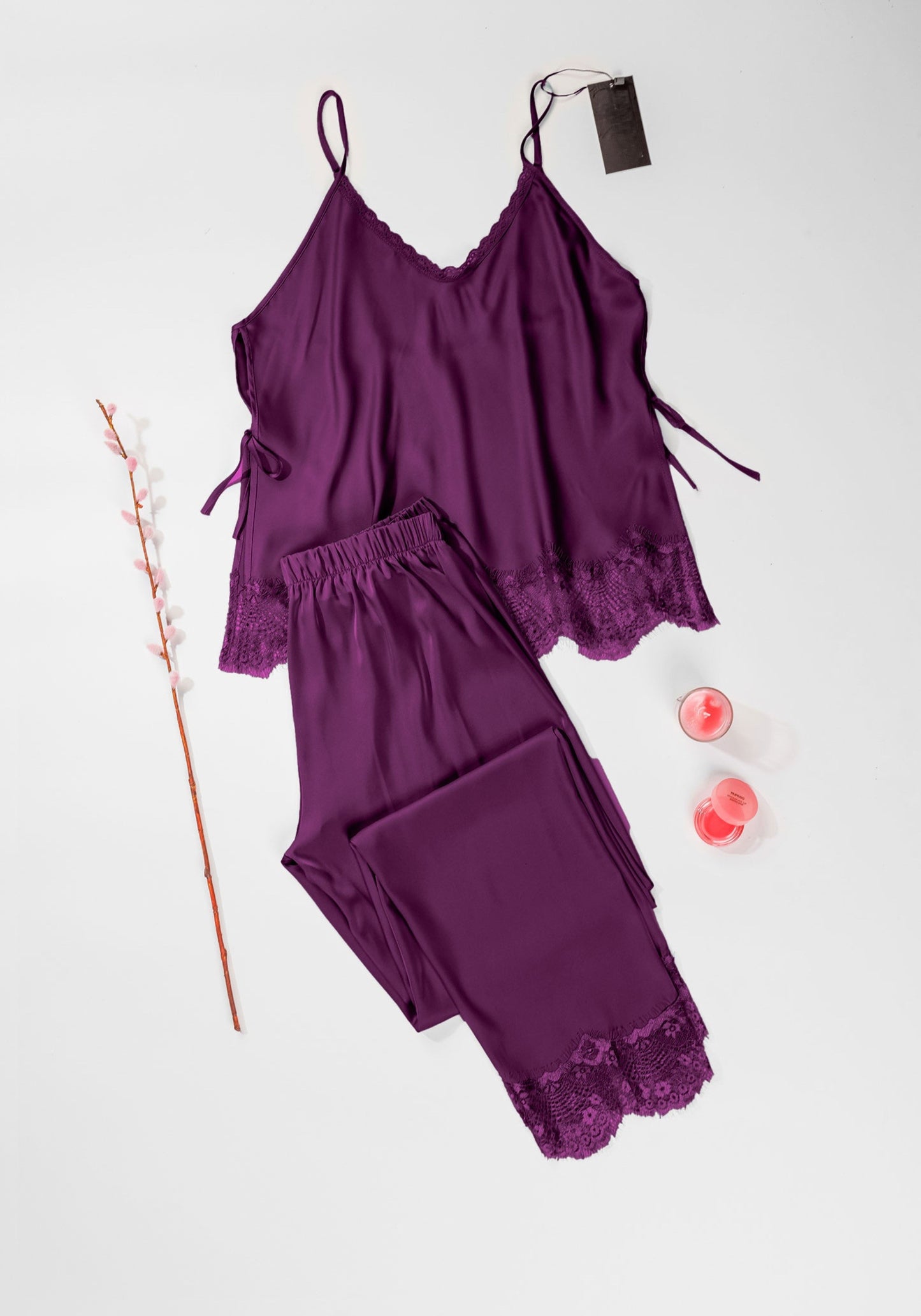 Satin Pajama: Shoulder Strap Top And Lace Detail Pant