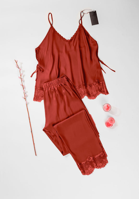 Satin Pajama: Shoulder Strap Top And Lace Detail Pant