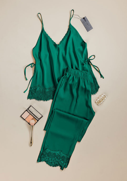 Satin Pajama: Shoulder Strap Top And Lace Detail Pant