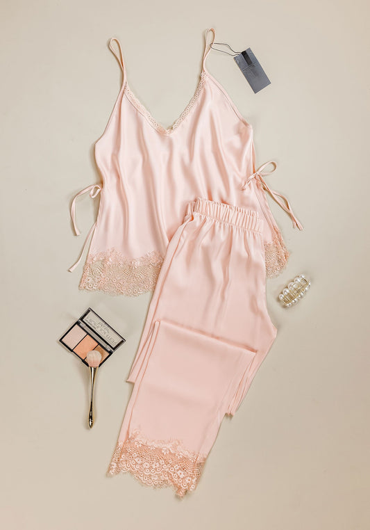 Satin Pajama: Shoulder Strap Top And Lace Detail Pant