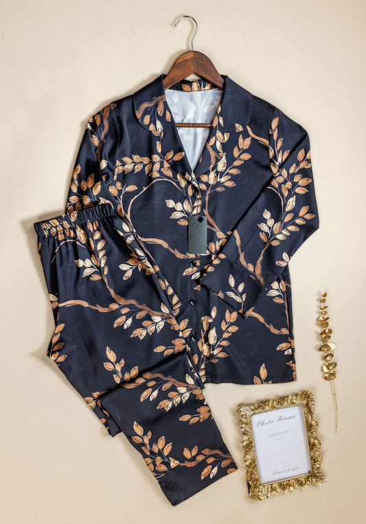 Satin Collar Button Long Sleeves Floral Printed Pajamas
