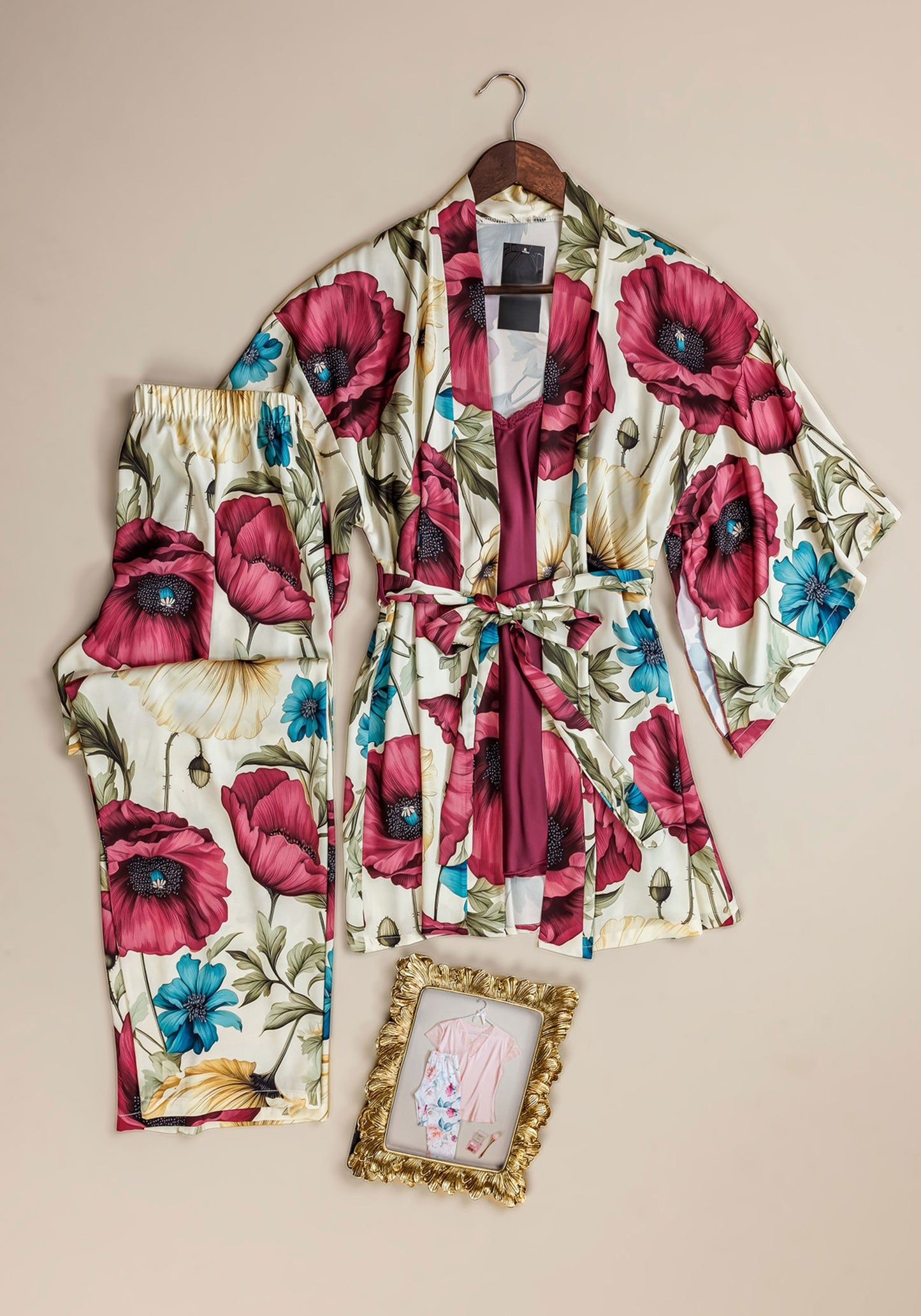 Satin 3 Pieces Set: Plain Strap Top And Floral Print Pant And Kimono