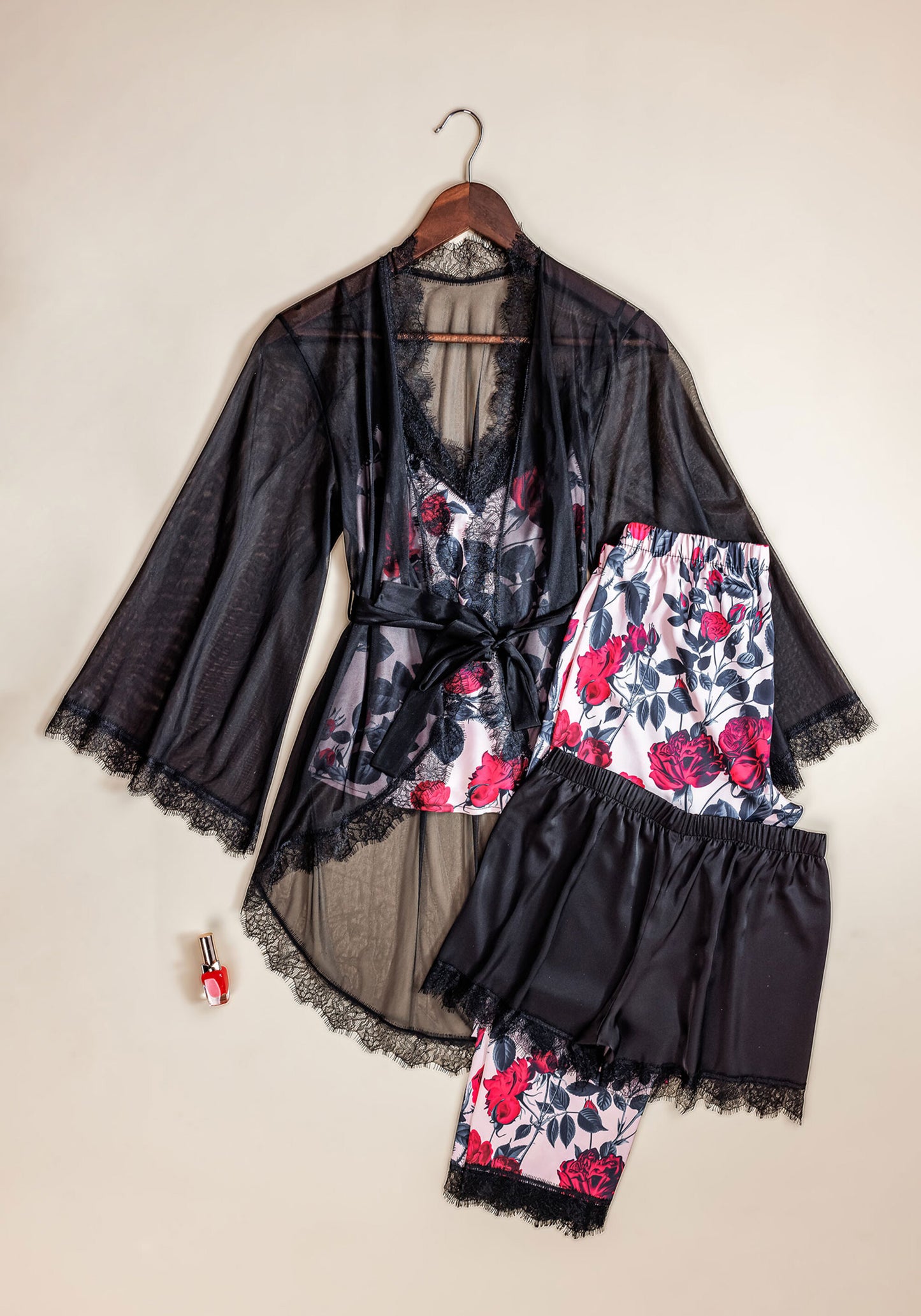 Satin 4 Pieces Set: Plain Shorts, Printed Top, Printed Pants And Toulle Kimono All With Lace Detail