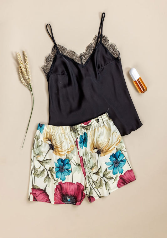 Satin Short Set: Shoulder Strap Top With Lace Detail And Floral Print Shorts