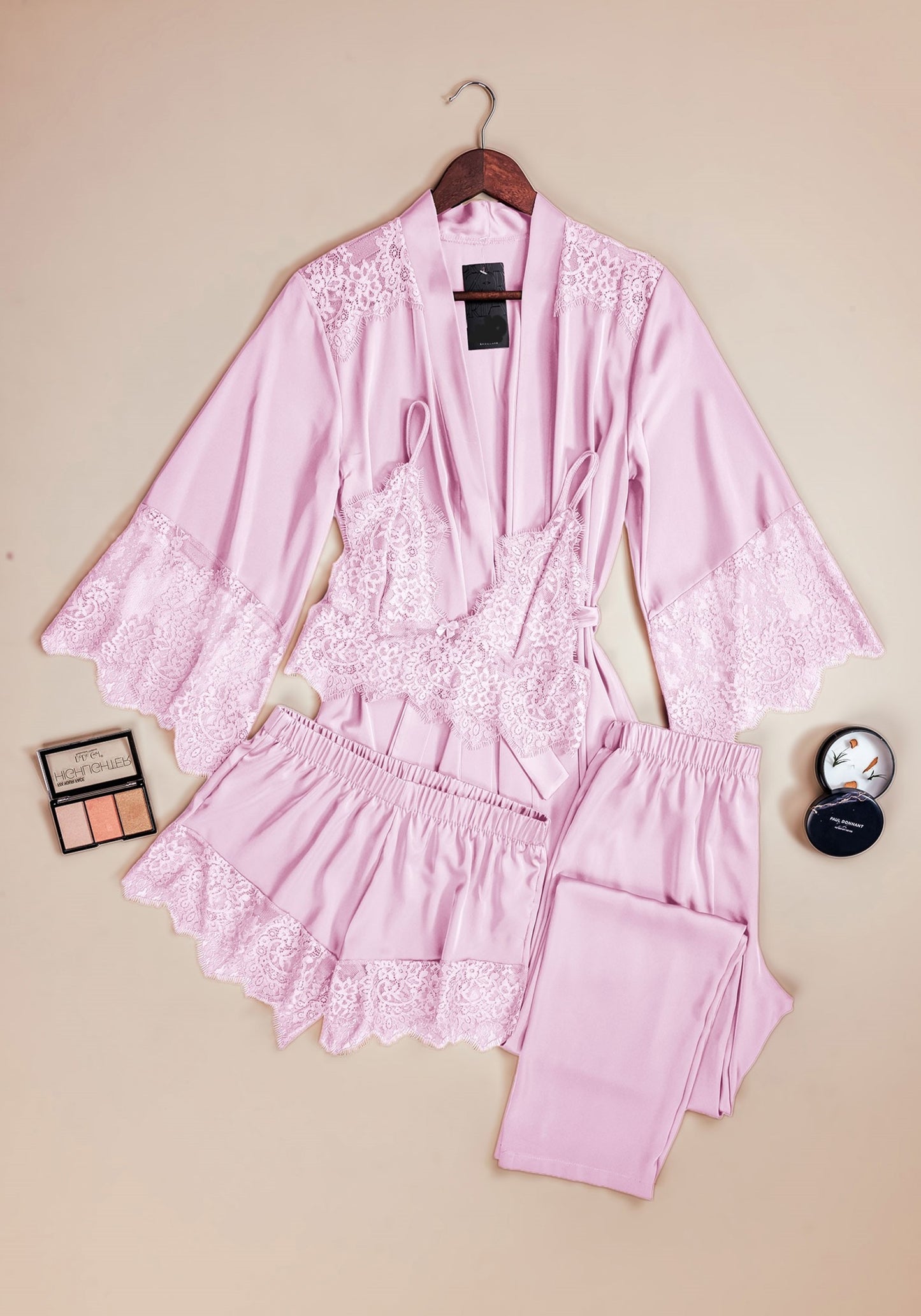 Satin 4 Pieces Set: Lace Bralet Plain Shorts And Pants And Lace Kimono