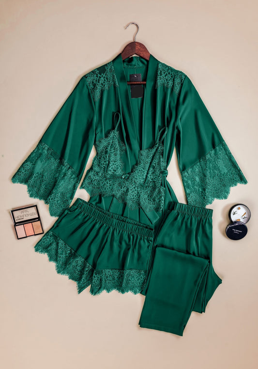 Satin 4 Pieces Set: Lace Bralet Plain Shorts And Pants And Lace Kimono