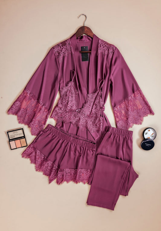 Satin 4 Pieces Set: Lace Bralet Plain Shorts And Pants And Lace Kimono