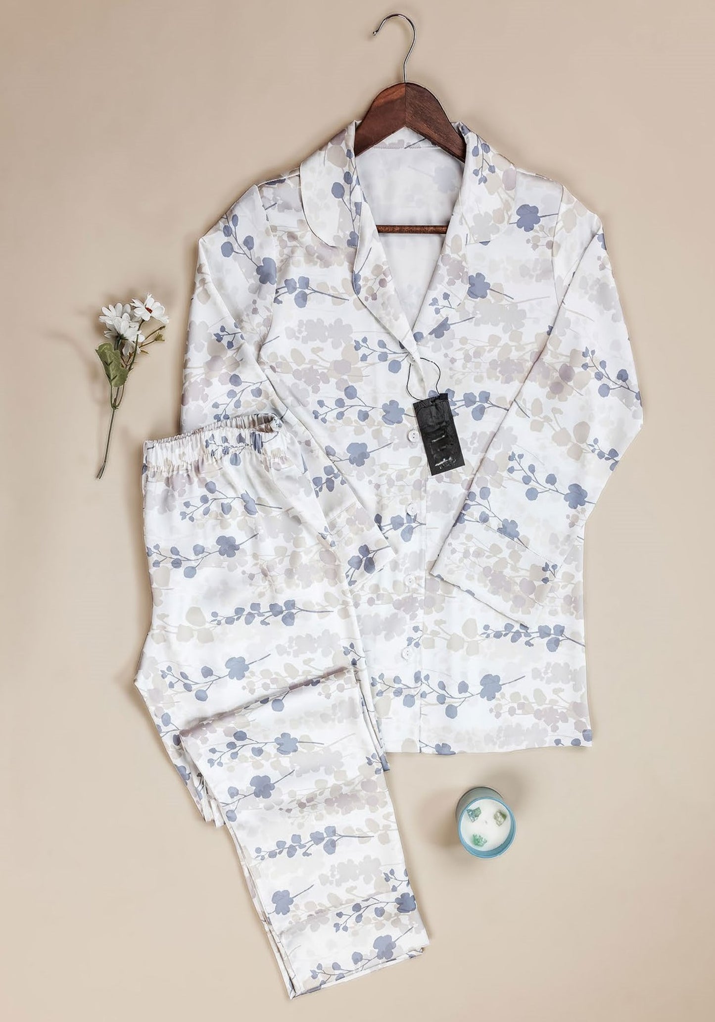 Satin Pajama: Floral Print Collar Button Long Sleeve Top And Pant