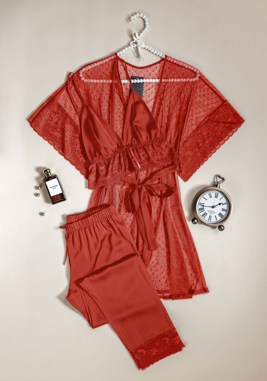 Satin 3 Pieces Set: Bra Top And Lace Detailed Pant And Full Lace Kimono