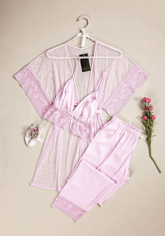 Satin 3 Pieces Set: Bra Top And Lace Detailed Pant And Full Lace Kimono