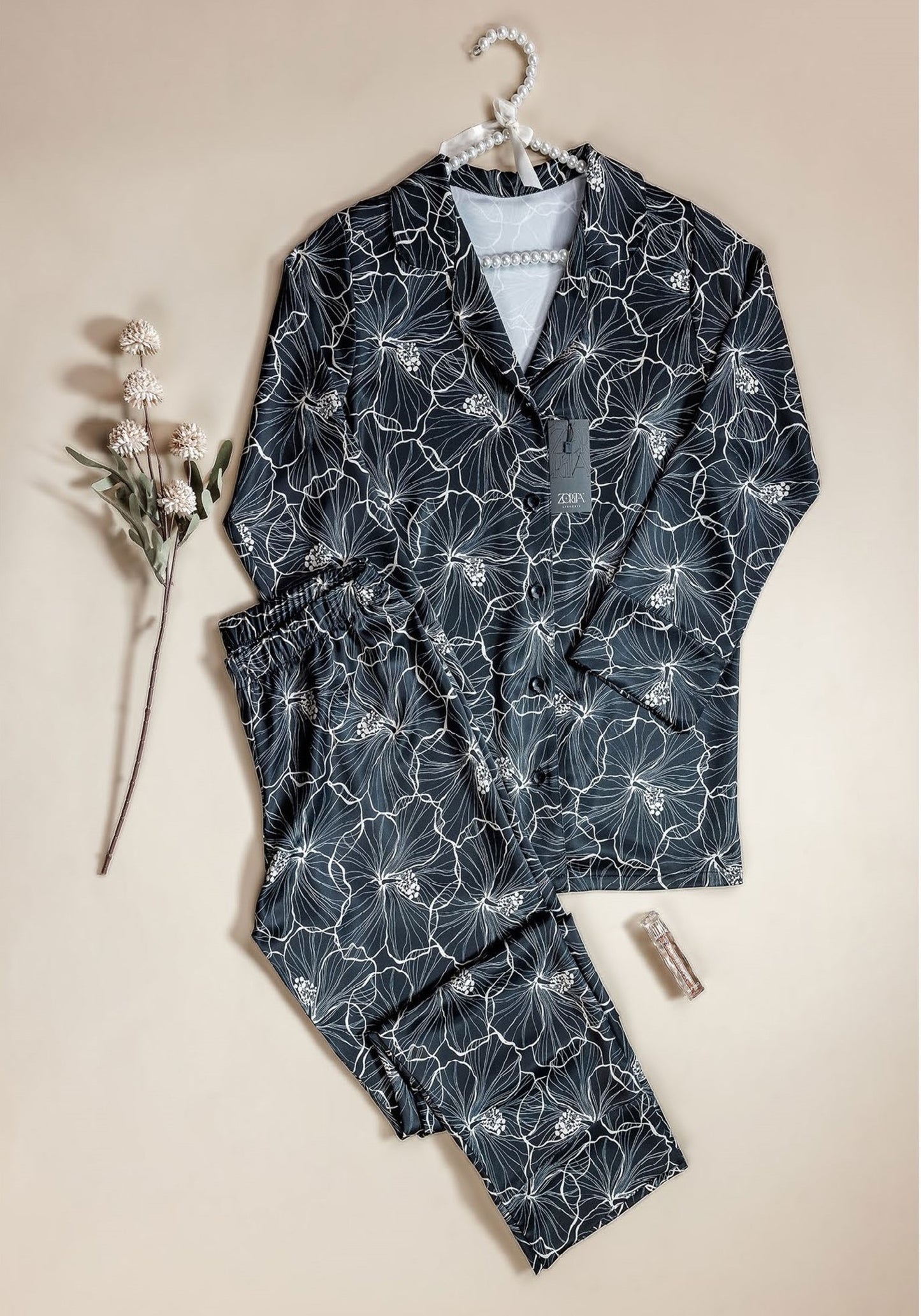 Satin Pajama: Floral Print Collar Button Long Sleeve Top And Pant