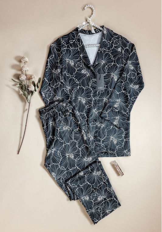Satin Pajama: Floral Print Collar Button Long Sleeve Top And Pant
