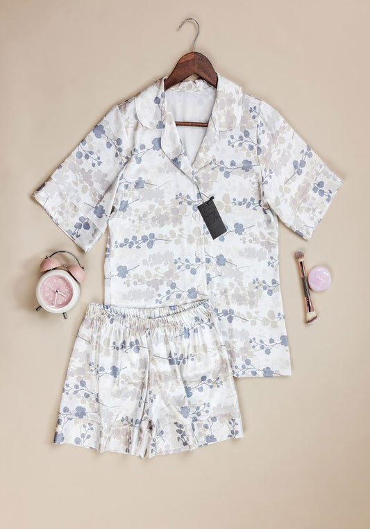Satin Shorts Pajama: Floral Print Collar Button Short Sleeve Top And Shorts