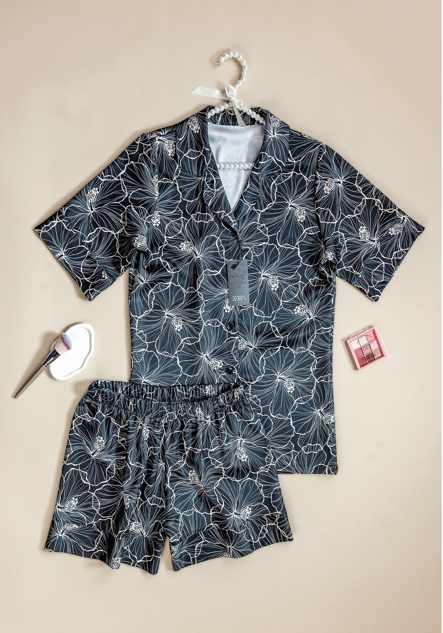 Satin Shorts Pajama: Floral Print Collar Button Short Sleeve Top And Shorts