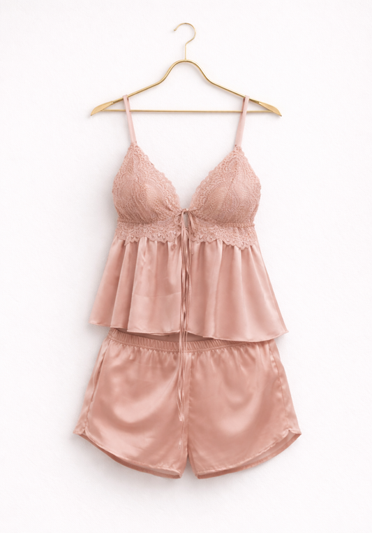 Satin Shoulder Strap Cami And Short Set