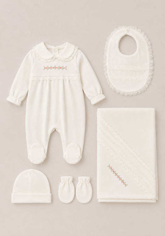 Babies Essential Set Of 5 Pieces: Romper, Hat, Bib, Blanket, Mittens