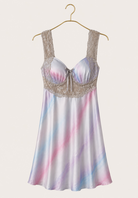 Padded Cup Satin Babydoll With Dantel Detail