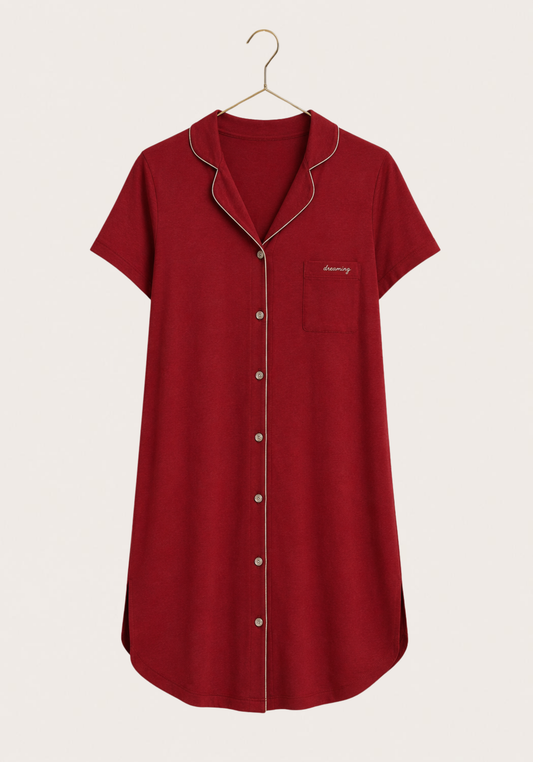 Viscose Lycra Collar Button Short Sleeve Nighty