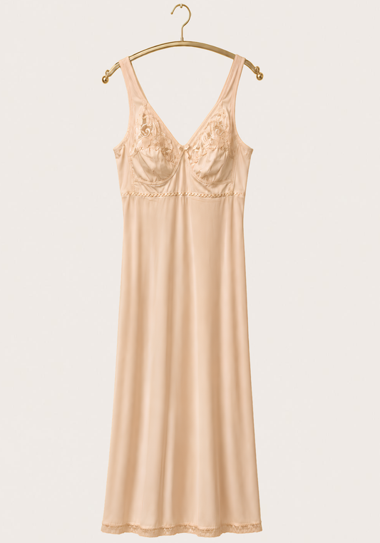 Long Slip: Wide Shoulder Strap Half Lace Unpadded Cup Long Under Slip