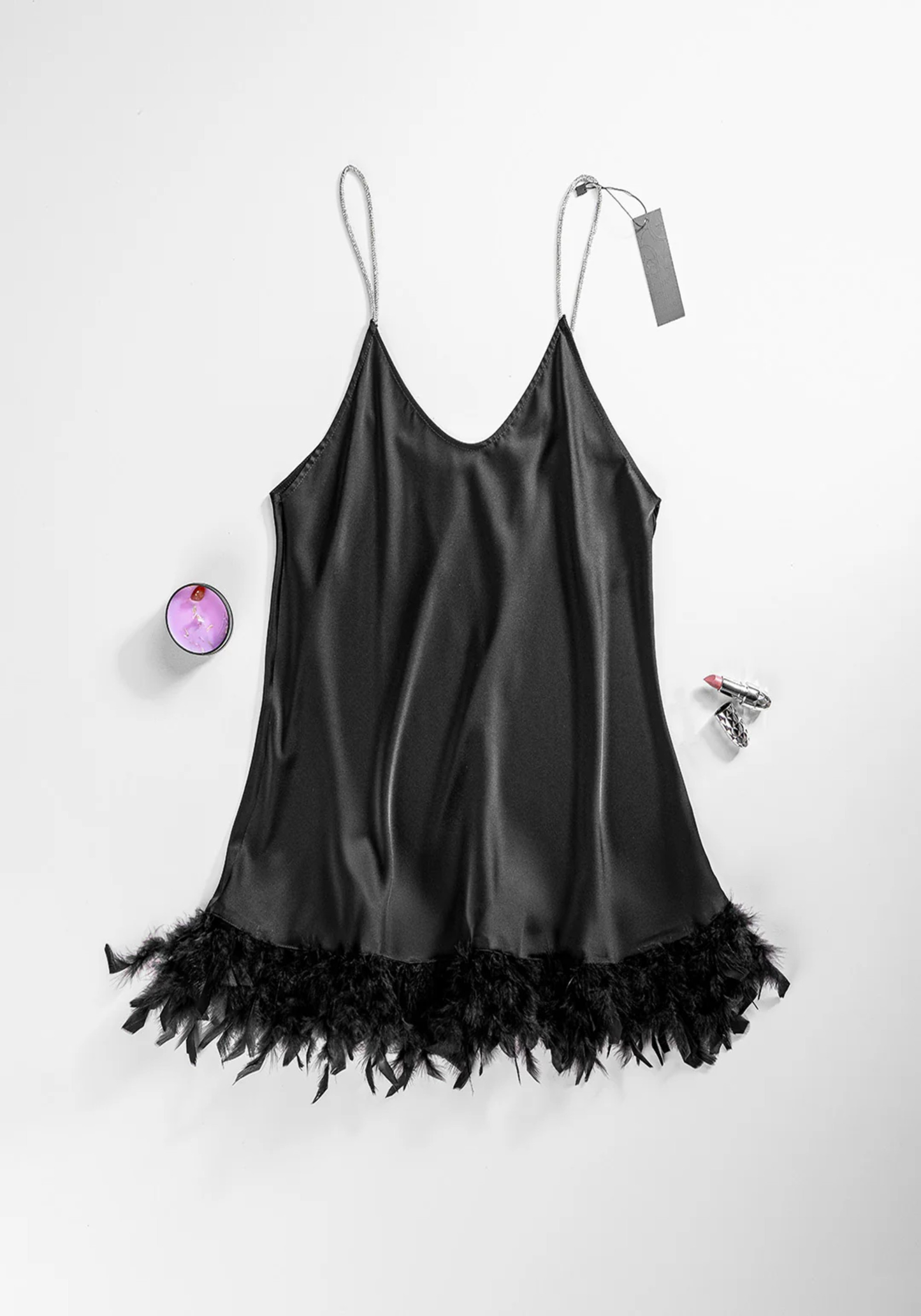 Lingerie Babydoll: Shoulder Stras Strap Satin Plain Babydoll With Furr Around The Bottom