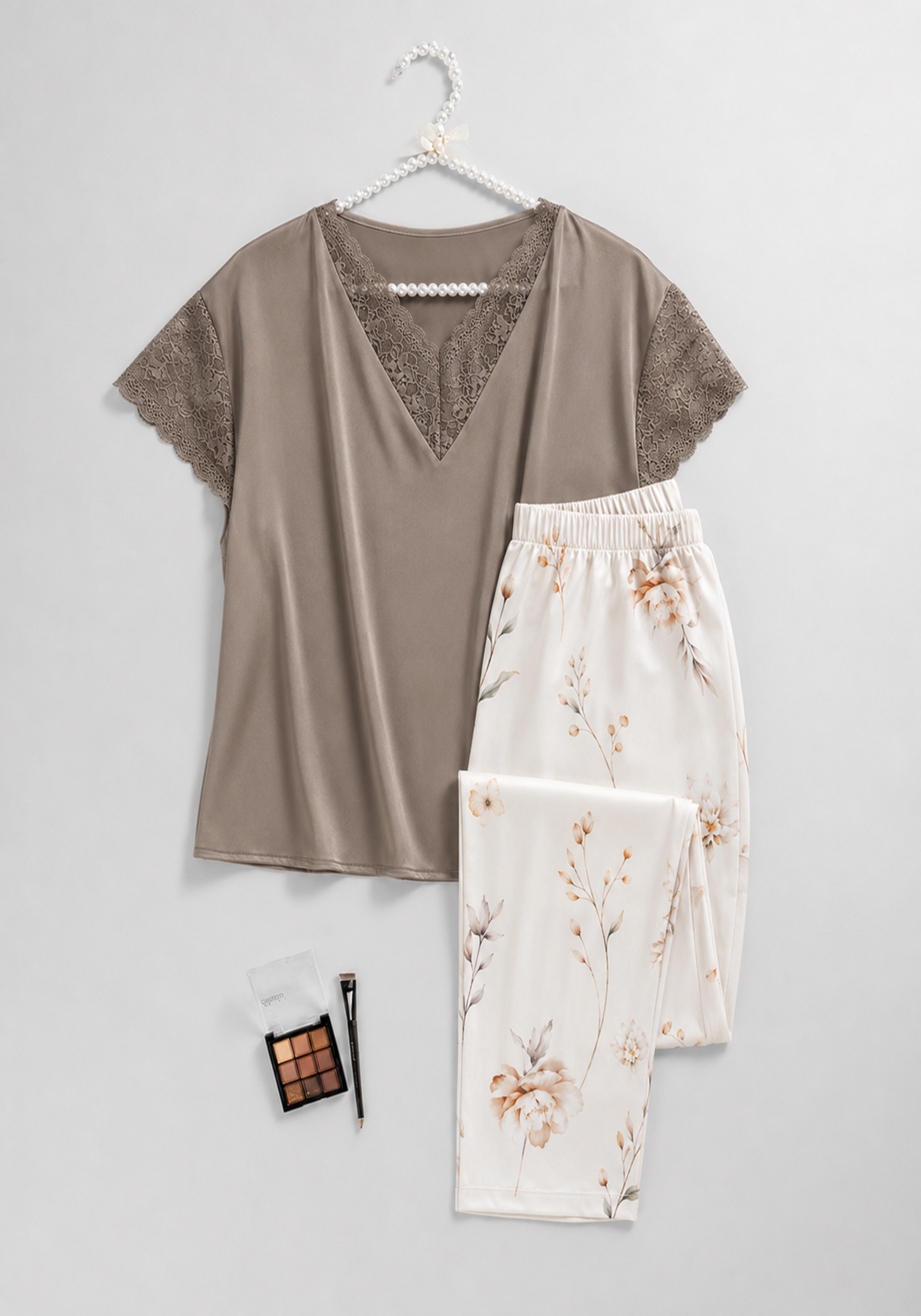 Lingerie Pajama: Satin Mega Sleeve V-Lace Shoulder Lace Plain Top And Satin Printed Pants