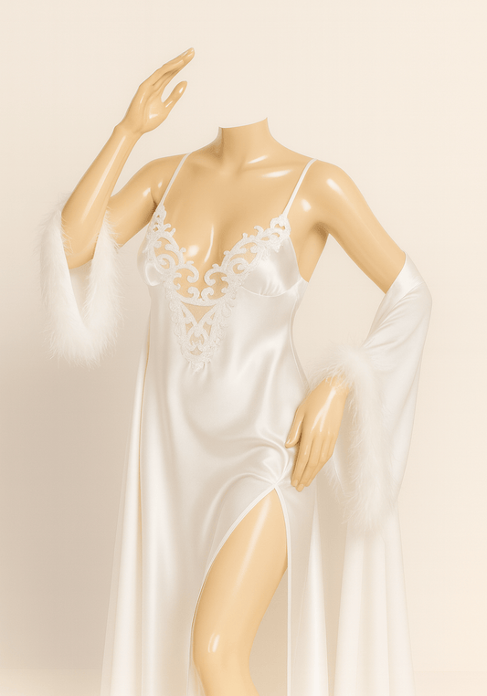 LNGR Bridal 2 Piece Satin Furr Robe Set