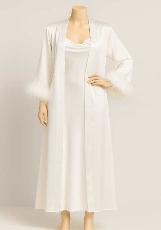 LNGR 2 Piece Long Satin Furr Robe Set