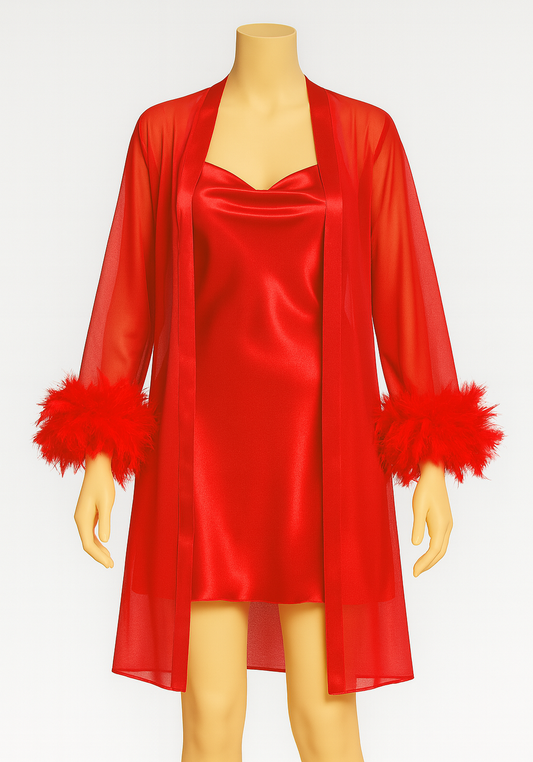 LNGR Bridal 2 Piece Satin Furr Robe Set