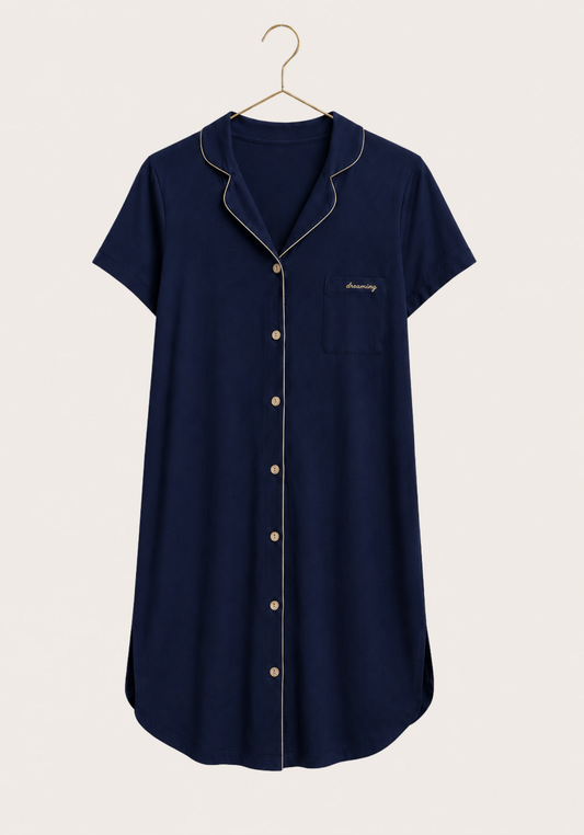 Viscose Lycra Collar Button Short Sleeve Nighty
