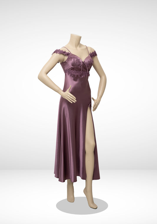 LNGR Satin Long Night Gown With Lace Shoulders