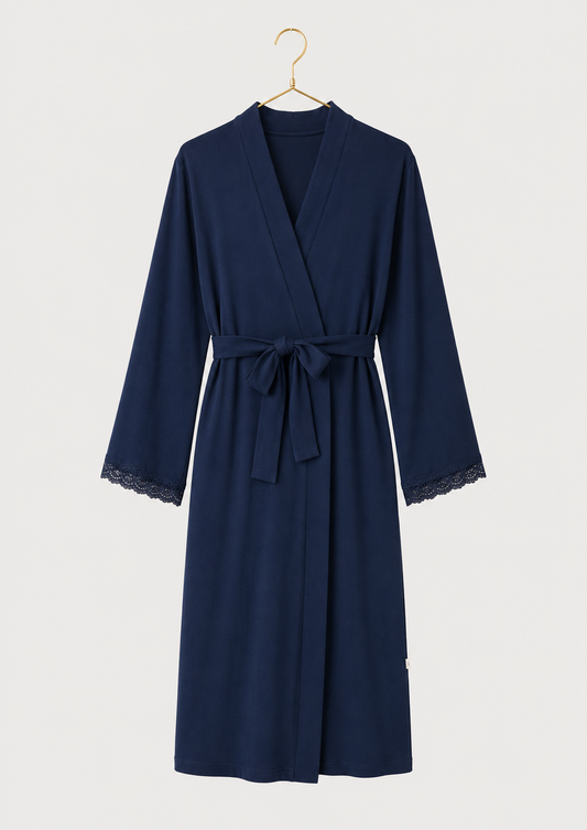 Maternal Robe: Plain Long Sleeve Robe With Lace Detail (100% Premium Cotton)