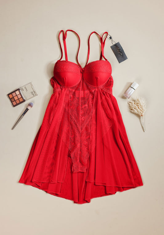 Babydoll: Shoulder Strap Padded Bra Lace Bodysuit Chiffon Babydoll