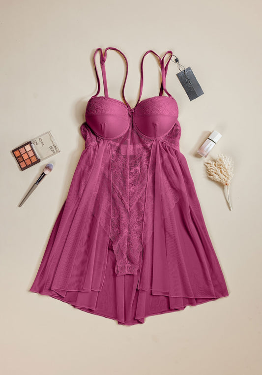 Babydoll: Shoulder Strap Padded Bra Lace Bodysuit Chiffon Babydoll