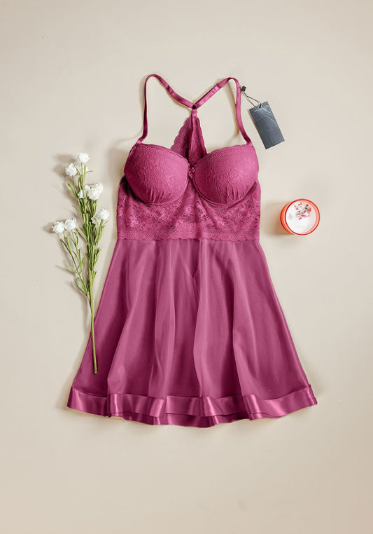 Babydoll: Shoulder Strap Lace Paddded Bra And Back Lace Chiffon Babydoll