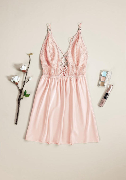 Babydoll: Shoulder Strap Lace Bra Open Back Satin Babydoll