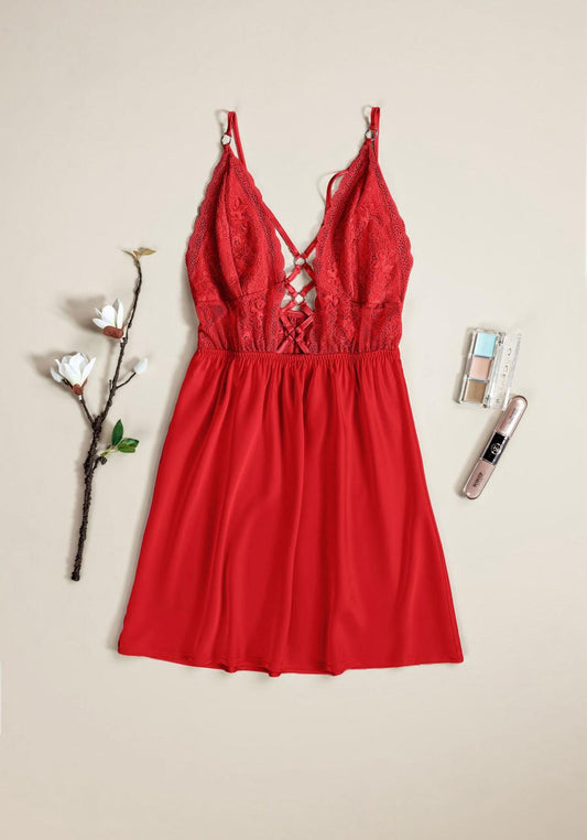 Babydoll: Shoulder Strap Lace Bra Open Back Satin Babydoll