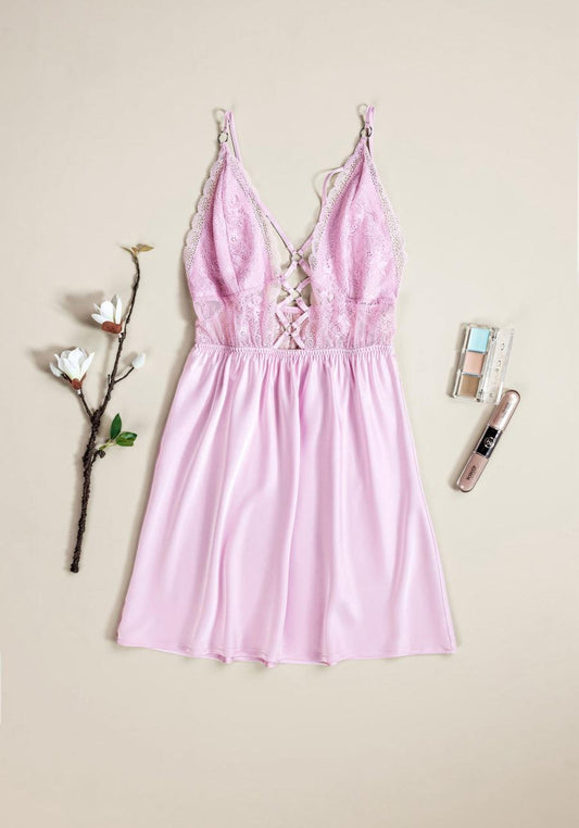 Babydoll: Shoulder Strap Lace Bra Open Back Satin Babydoll