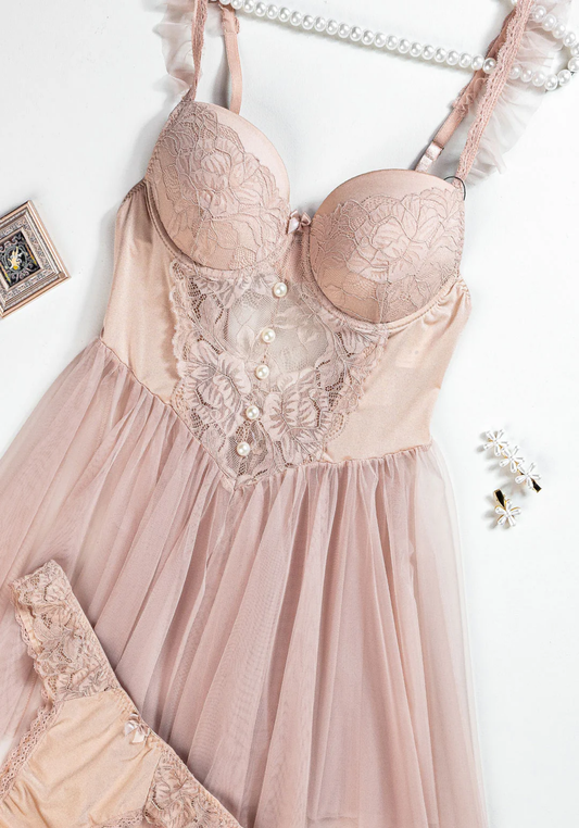 Lingerie Babydoll: Ruffle Strap Dantel Padded Cup Bustier Schiffon Babydoll With Satin Lace Panty