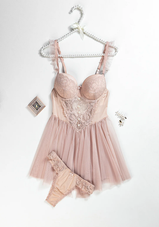 Lingerie Babydoll: Ruffle Strap Dantel Padded Cup Bustier Schiffon Babydoll With Satin Lace Panty