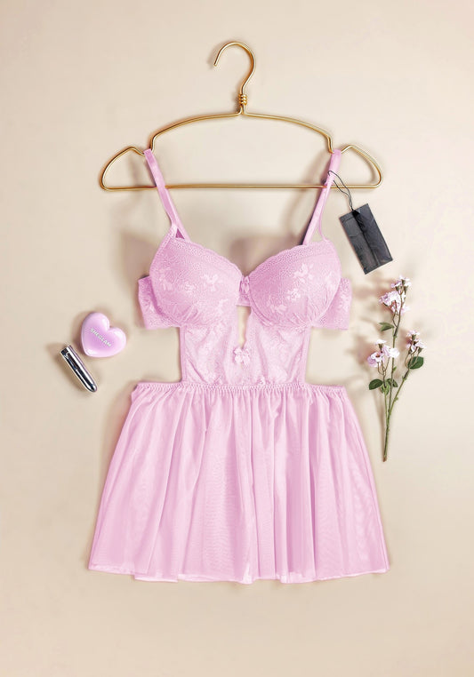 Babydoll: Paddded Lace Bra And Elastic Waist Toullele Skirt With Lace Suspensions