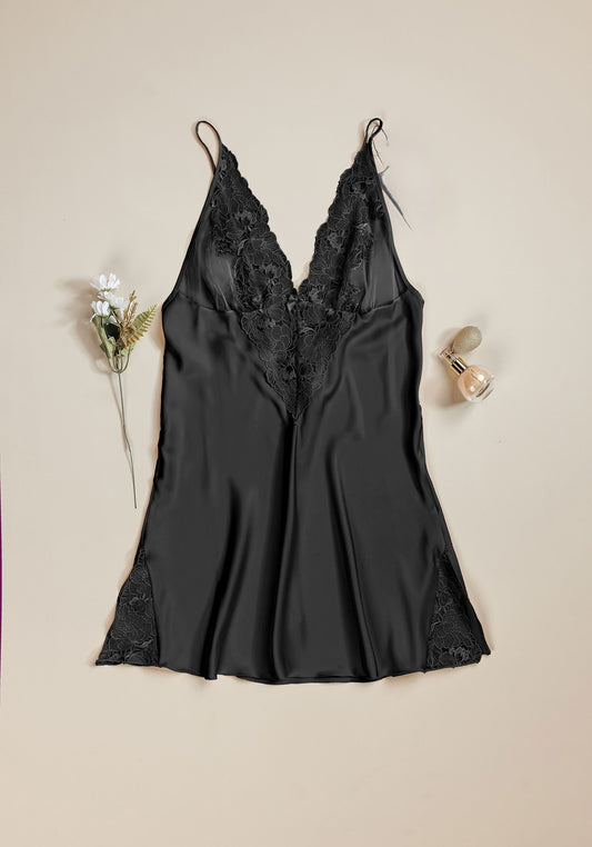 Babydoll: Lace Front Open Back Satin Babydoll With Lace Details On The Sides