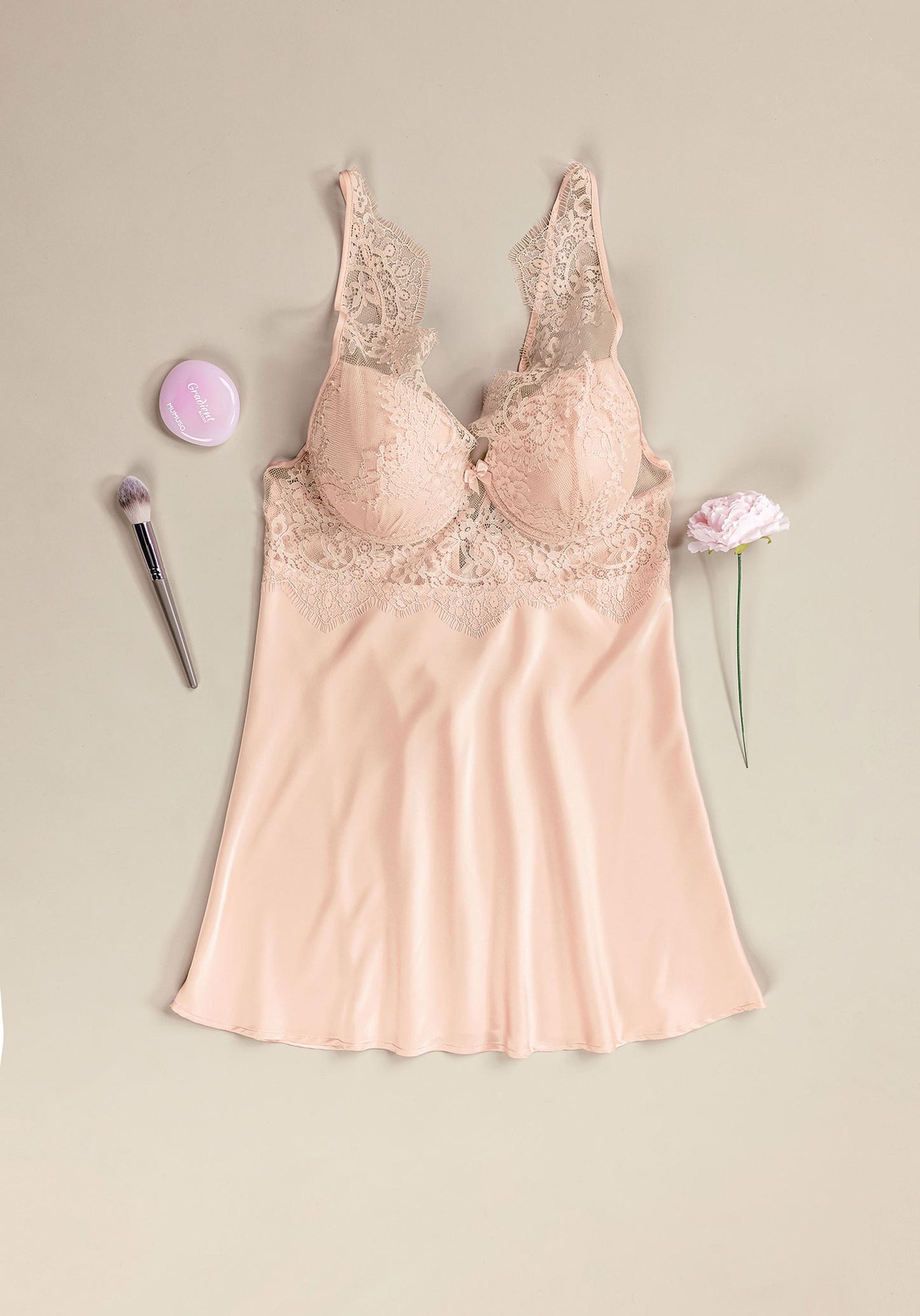 Babydoll: Shoulder Lace Padded Lace Bra Satin Babydoll