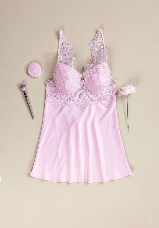 Babydoll: Shoulder Lace Padded Lace Bra Satin Babydoll