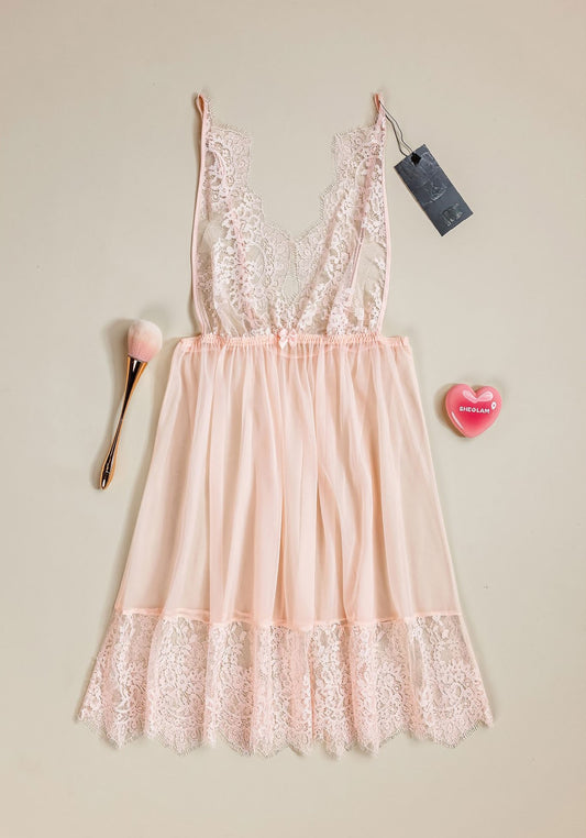 Babydoll: Lacae Top Open Back Lace Bottom Chiffon Babydoll