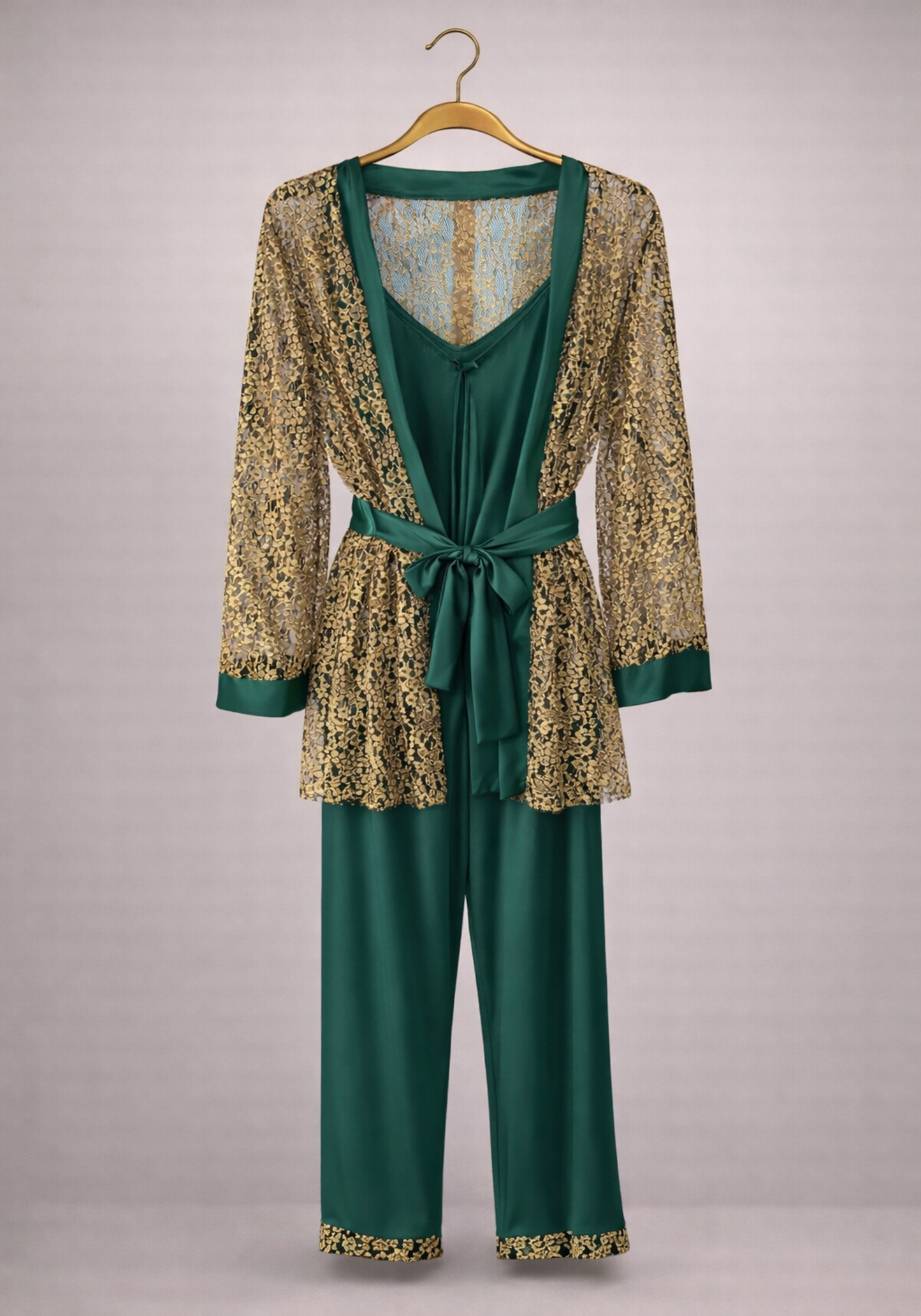 Satin 3 Pieces Set: Shoulder Strap Top And Plain Pants And Robe With Golden Dantel