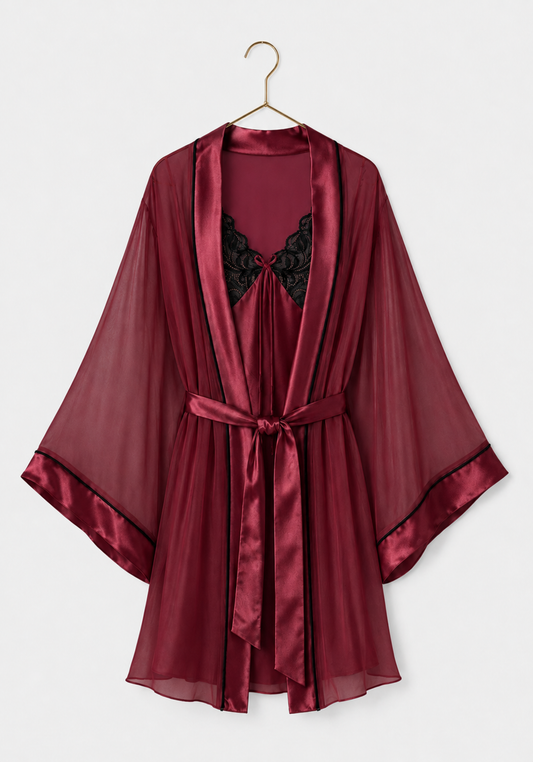 Schiffon Satin Short Robe Set: Satin Babydoll With Dantel On Cups And Schiffon Robe