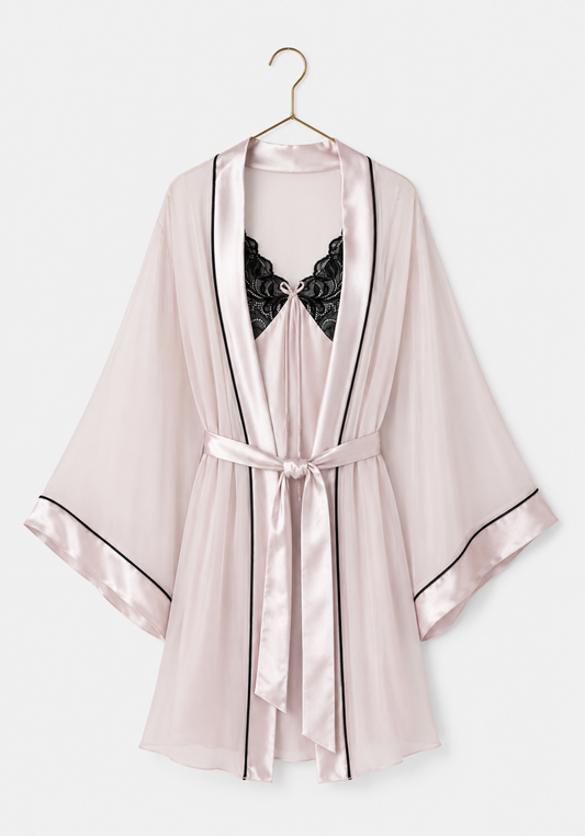 Schiffon Satin Short Robe Set: Satin Babydoll With Dantel On Cups And Schiffon Robe
