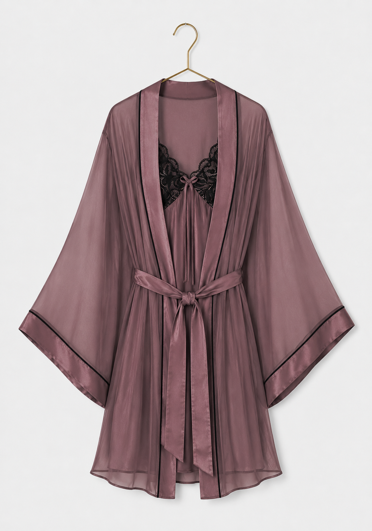 Schiffon Satin Short Robe Set: Satin Babydoll With Dantel On Cups And Schiffon Robe