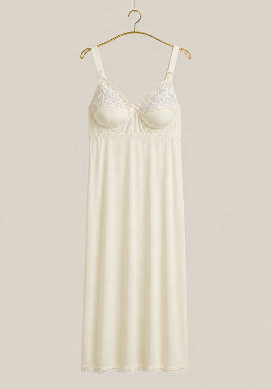 Long Slip: Wide Shoulder Strap Half Lace Half Padded Cup Long Under Slip