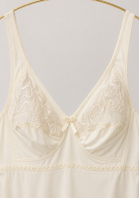 Long Slip: Wide Shoulder Strap Half Lace Unpadded Cup Long Under Slip
